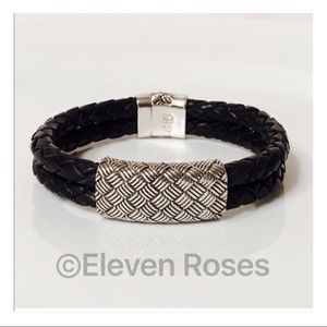 Sterling Silver Woven Black Leather Bracelet